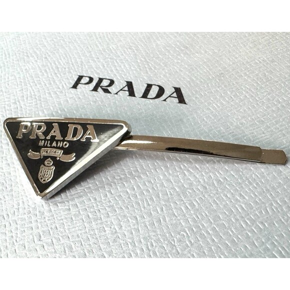 Prada Triangle Silver Black Metal Brooch / 3-Inch Hair Clip – Authentic - Picture 2 of 7